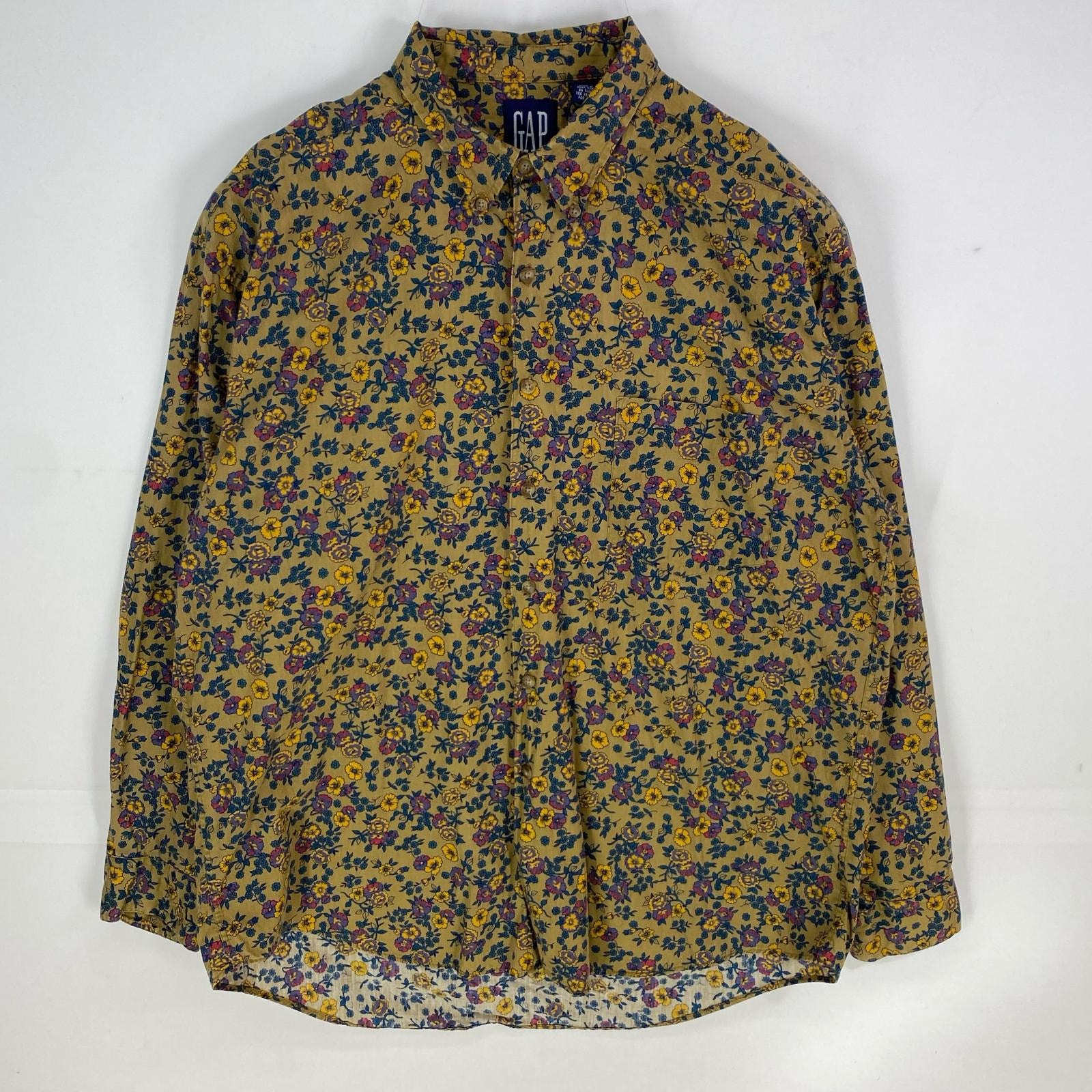 古着 ギャップ GAP 長袖シャツ ボタンダウン 花柄 オールド 大きいサイズ ロングスリーブ XL イエロー系 総柄 メンズ