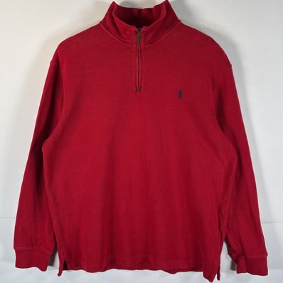 古着 ポロ・ラルフローレン POLO RALPH LAUREN スウェット ハーフジップ ワンポイントロゴ刺繍 トレーナー ニット L レッド メンズ