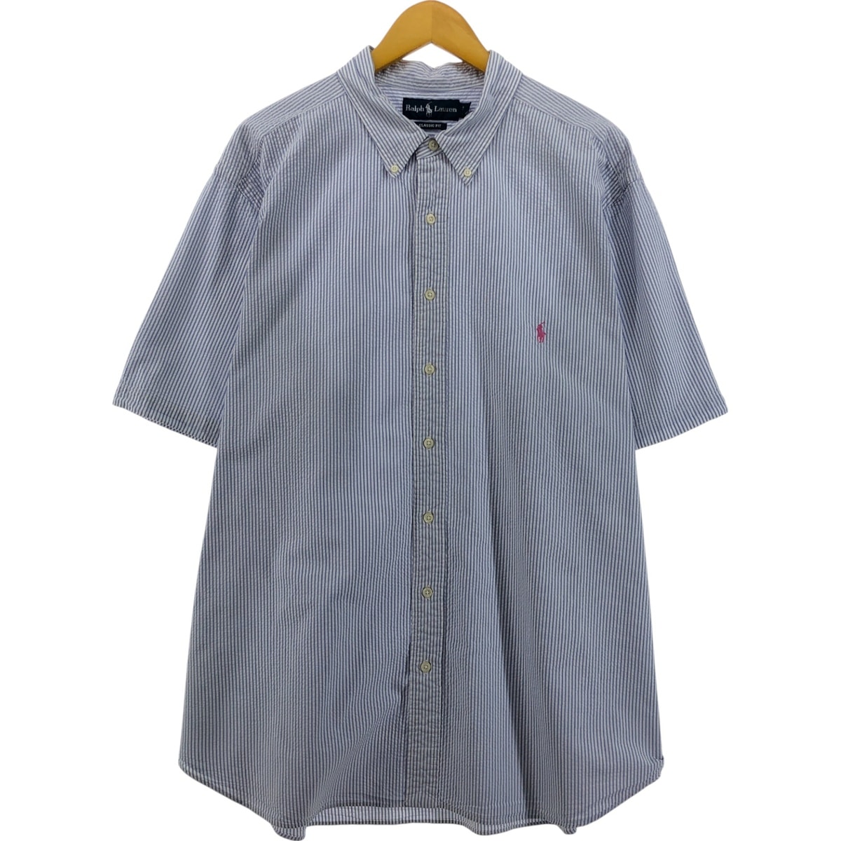 古着 ラルフローレン Ralph Lauren CLASSIC FIT クラシックフィット シアサッカー 半袖 ボタンダウン ストライプシャツ メンズXXL相当/eaa546815