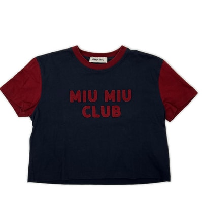 ミュウミュウ MJN421 ネイビー×レッド クロップド Tシャツ S