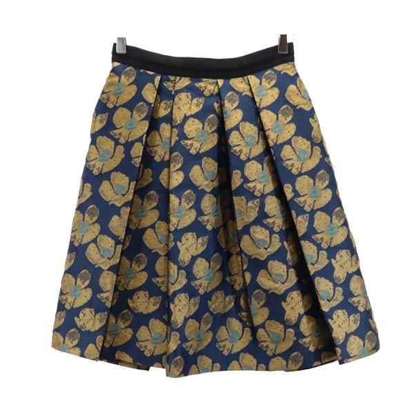LANVIN en Bleu ランバンオンブルー 総柄 日本製 ミニ丈 プリーツスカート 38 ネイビー系 バックジップ