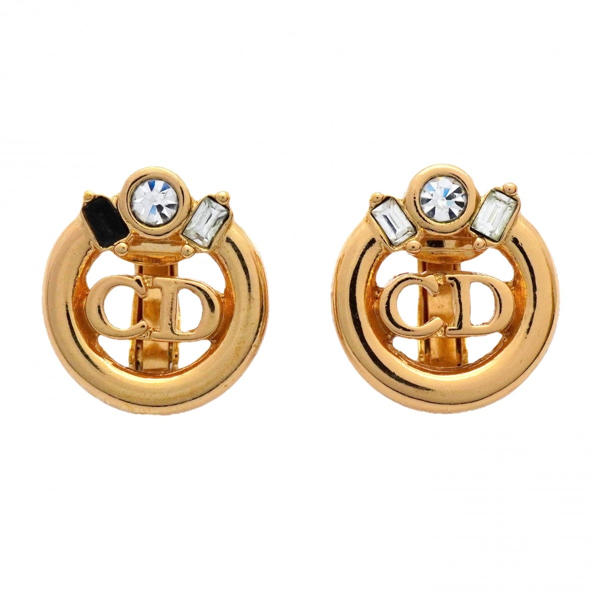 【6jcb0893-k】クリスチャンディオール イヤリング CDロゴ 丸型 サークル GPメッキ ラインストーン ゴールド【中古】レディース