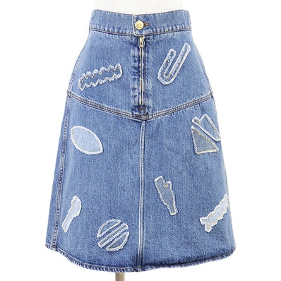 【極美品】CHANEL シャネル デニムスカート レディース P61825 サイズ 38 COCOマーク キャット 猫 ボタン メティエダール パリ NY エジプト パッチワーク メタリックヤーン エンブロイダリー 刺繍 ボトムス インディゴ イタリア製