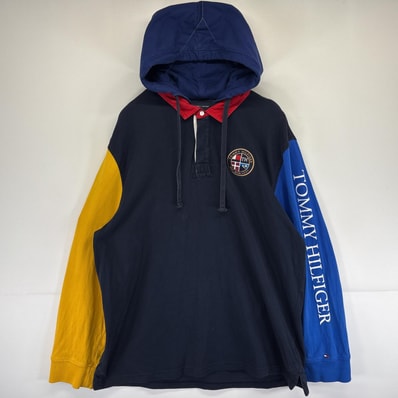 古着 トミーヒルフィガー TOMMY HILFIGER 長袖 ラガーシャツ フーディ ワッペン パーカー 大きいサイズ 袖ロゴプリント 14041 マルチカラー メンズ