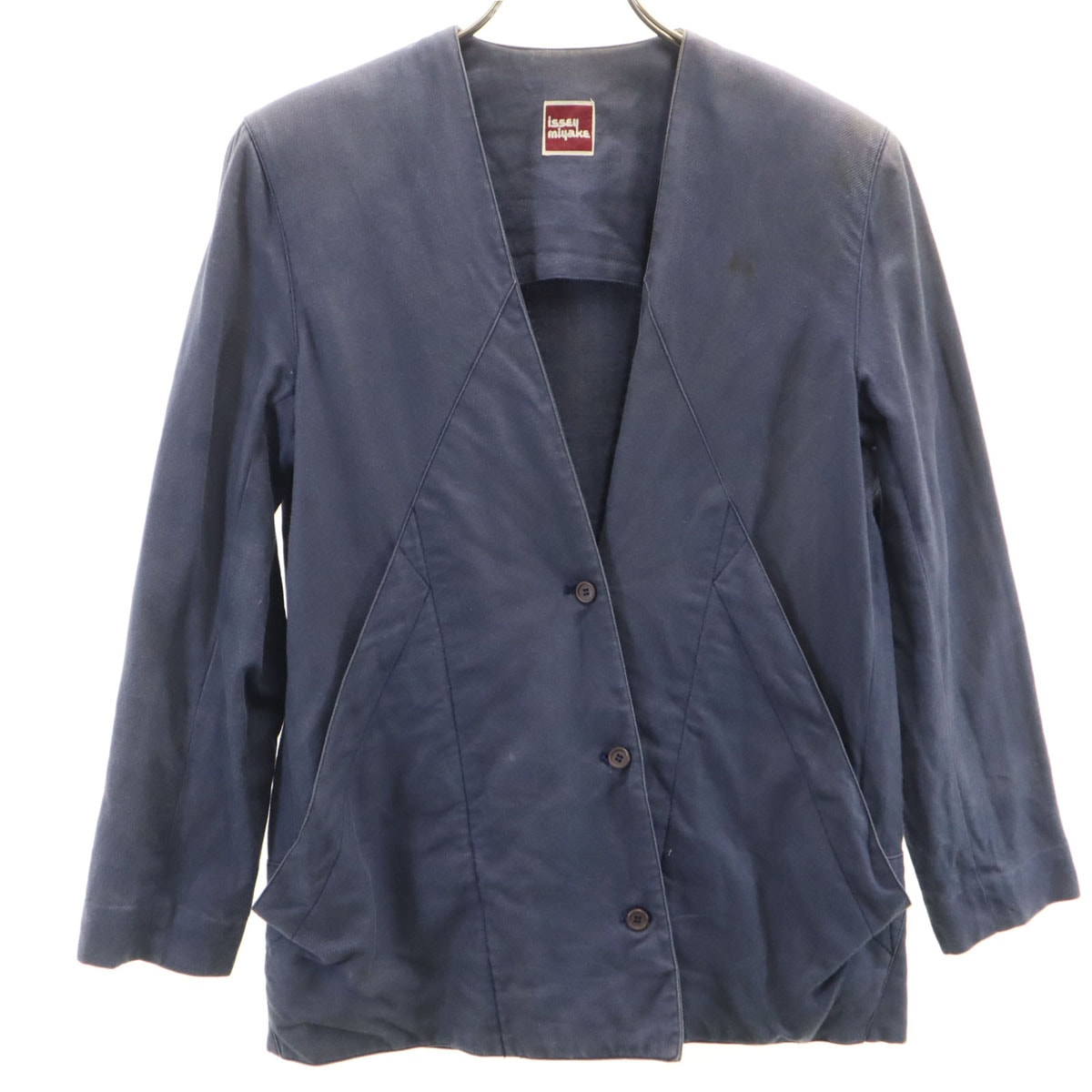 ISSEY MIYAKE イッセイミヤケ 70s 日本製 リネンブレンド 初期タグ ヴィンテージ ノーカラージャケット 9 ネイビー