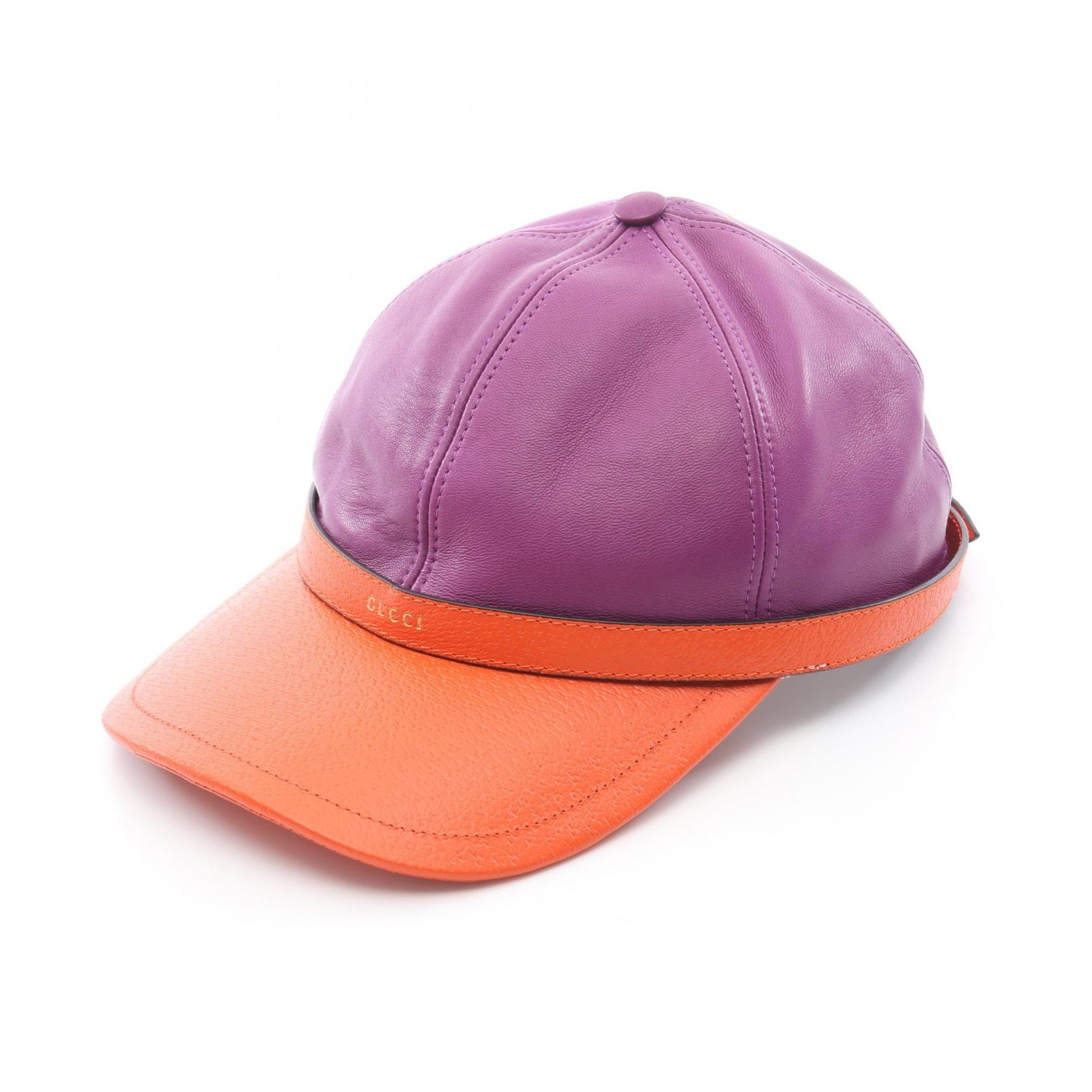 グッチ GUCCI バイカラー キャップ 帽子 レザー メンズ パープル系 / オレンジ系 728964 【中古】