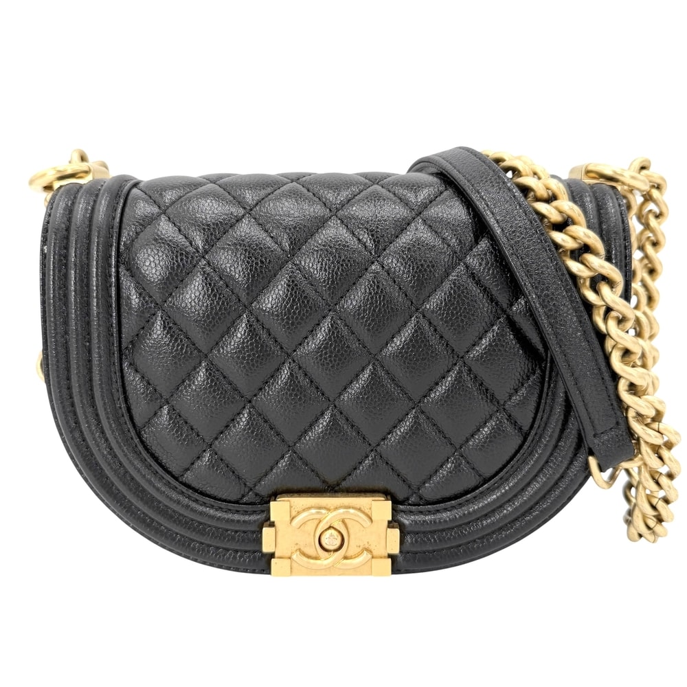 CHANEL シャネル ショルダーバッグ マトラッセ ボーイシャネル ポシェット ミニバッグ 肩掛け 斜め掛け チェーンショルダー ココマーク キャビアスキン    ブラック 黒 ゴールド金具 レディース【中古品】
