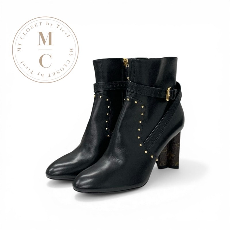 ルイヴィトン LOUIS VUITTON シルエットライン モノグラム ブーツ ショートブーツ 靴 シューズ レザー ブラック ブラウン 黒 ゴールド スタッズ ベルト アンクルブーツ