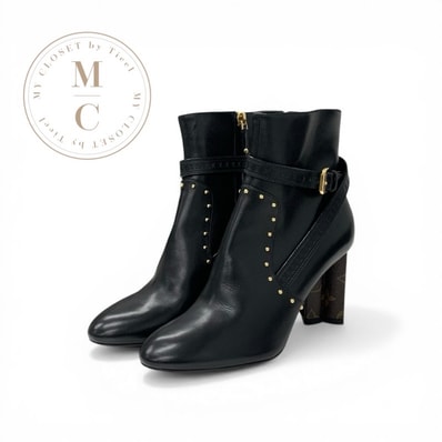 ルイヴィトン LOUIS VUITTON シルエットライン モノグラム ブーツ ショートブーツ 靴 シューズ レザー ブラック ブラウン 黒 ゴールド スタッズ ベルト アンクルブーツ