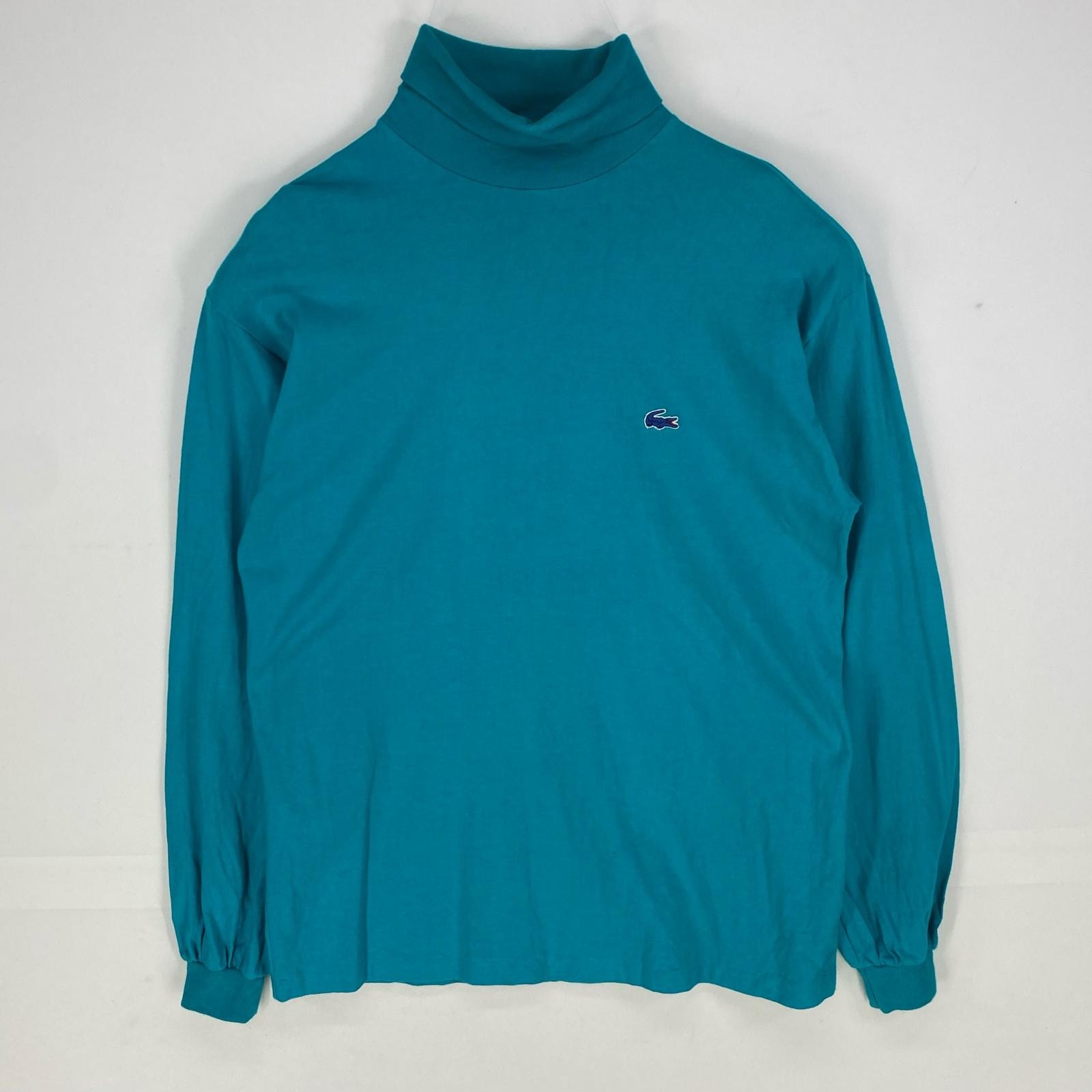 古着 ラコステ LACOSTE USA製 長袖Tシャツ タートルネック ワンポイント ワッペン ロンT ロングスリーブ M  ブルー系 メンズ