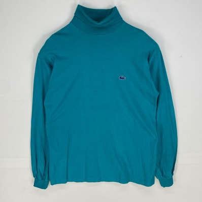 古着 ラコステ LACOSTE USA製 長袖Tシャツ タートルネック ワンポイント ワッペン ロンT ロングスリーブ M ブルー系 メンズ