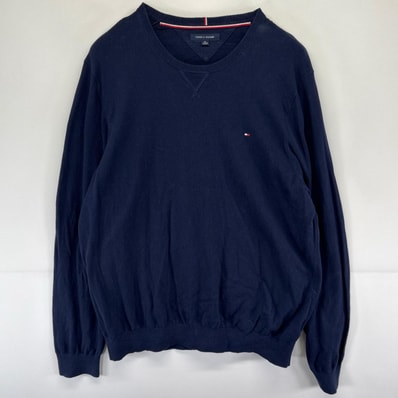古着 トミーヒルフィガー TOMMY HILFIGER ニット ロゴ 大きいサイズ 刺繍 クルーネック 2XL ネイビー系 メンズ
