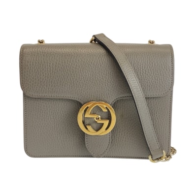 美品 GUCCI グッチ インターロッキング グレー ゴールド金具 レザー ショルダーバッグ チェーンショルダーバッグ 600585 【中古】