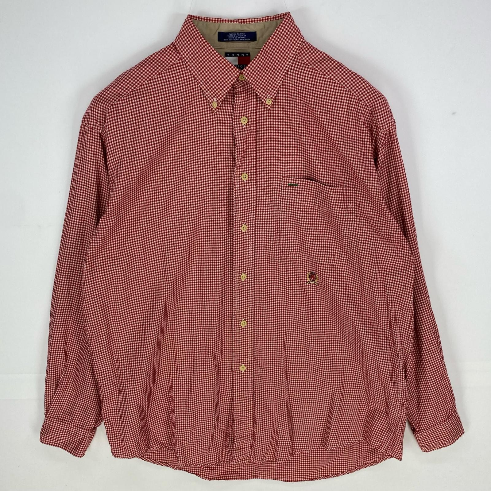 古着 90's/90年代 トミーヒルフィガー TOMMY HILFIGER 長袖シャツ ボタンダウン 胸ポケット L レッド系 チェック メンズ