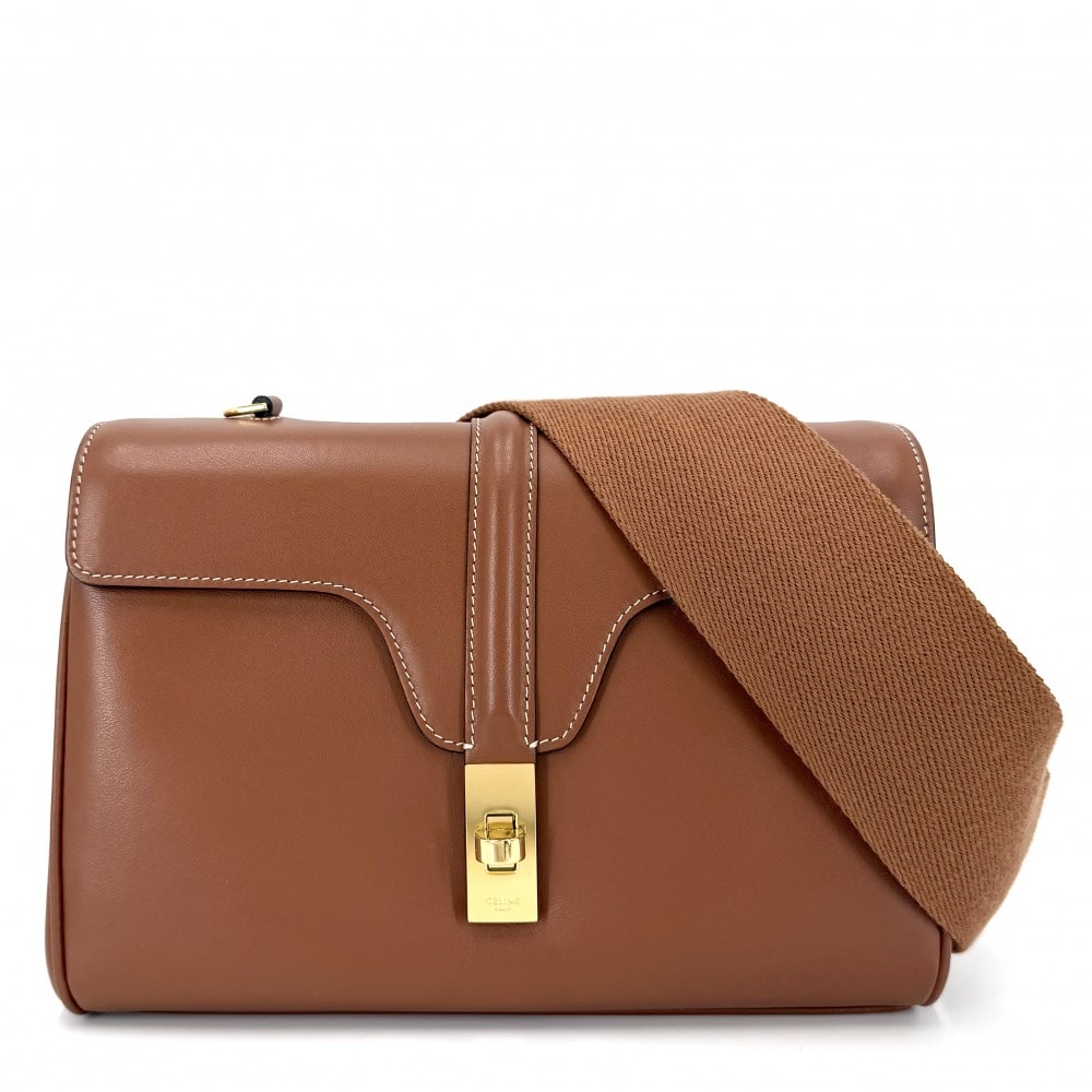 CELINE セリーヌ ショルダーバッグ 16 ソフト ティーン セーズ 斜め掛け タン レザー ブラウン 茶 ゴールド金具 レディース 美品【中古品】
