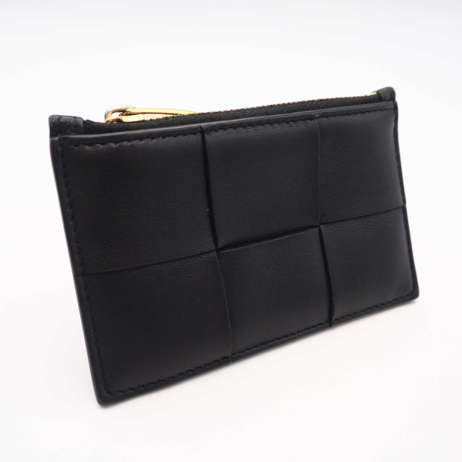 美品 BOTTEGAVENETA ボッテガヴェネタ イントレチャート大 ファスナーカードケース 681010 コインケース ブラック ラムスキン レディース