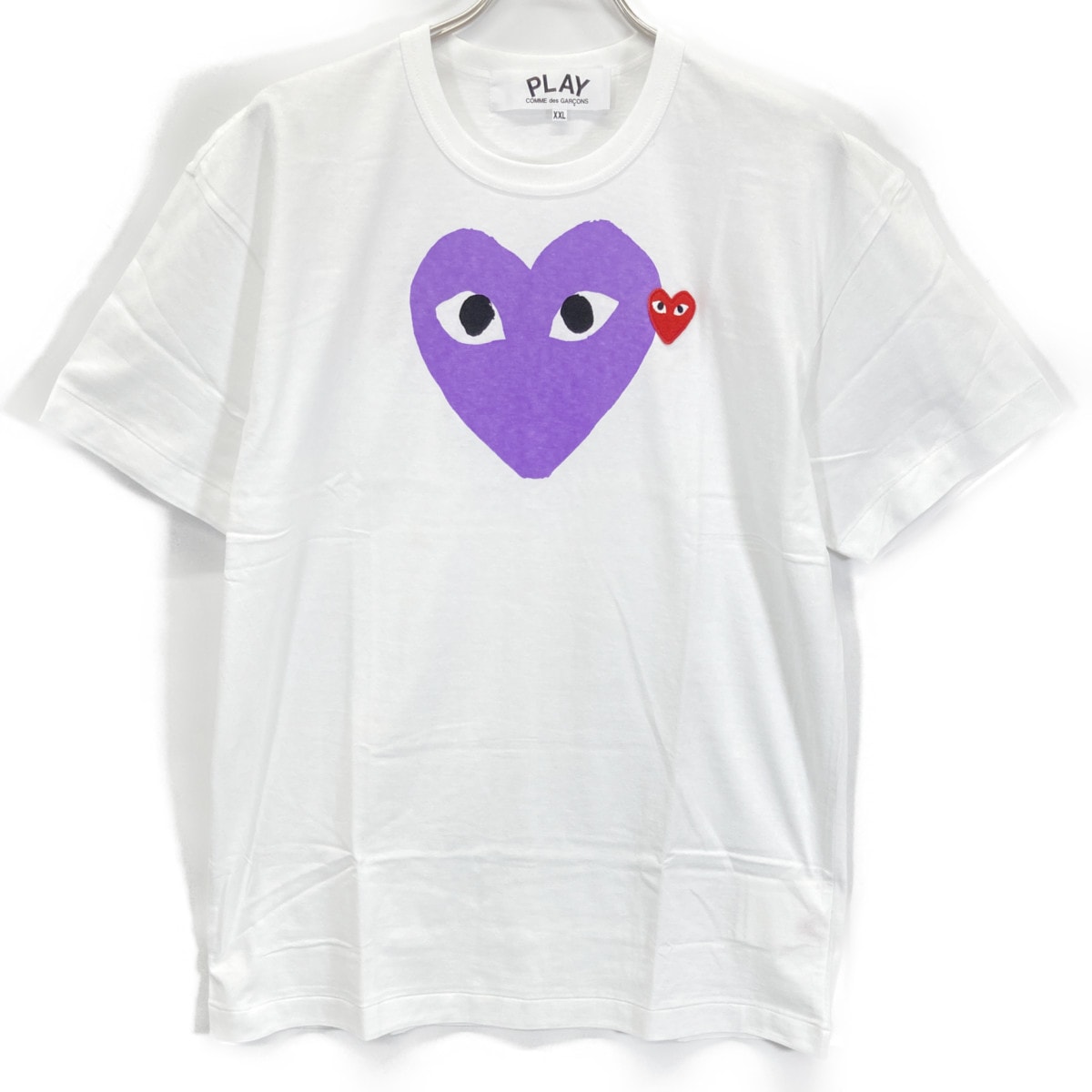 プレイコムデギャルソン AZ-T106 ホワイト パープル×レッド ダブルハート 半袖 Tシャツ XXL