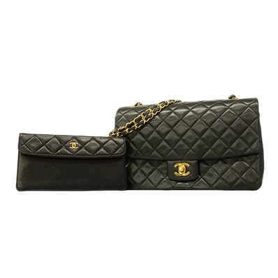 【6ge5418】シャネル ショルダーバッグ マトラッセ Wチェーン ラムスキン ブラック ゴールド金具【中古】レディース