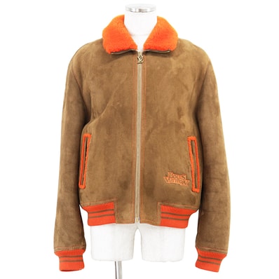 LOUIS VUITTON ルイ・ヴィトン カレッジブルゾン サイズ 52 メンズ レザー ヌバック シアリング ボアライニング ムートンジャケット アウター ブラウン オレンジ 茶色 橙色 フランス製