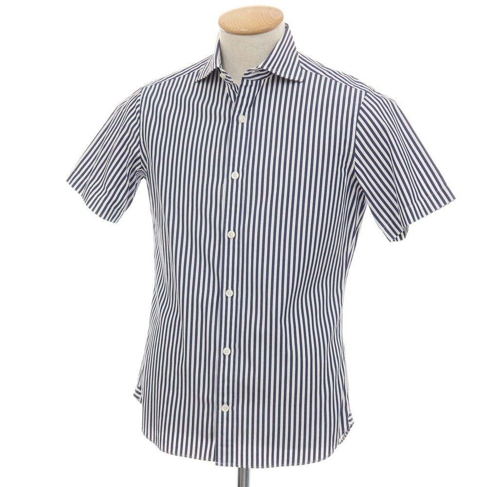【中古】ビームスエフ BEAMS F コットン ストライプ ワイドカラー 半袖シャツ ネイビーxホワイト【サイズXS】【メンズ】