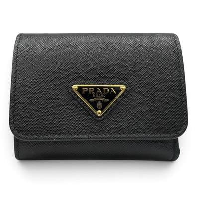 PRADA 極美品 プラダ SAFFIANO BOCCHE サフィアーノ ボッケ 三つ折り財布 1MH043 サフィアーノレザー ICチップ確認済 ブラック リップ柄 三角プレート ロゴプレート コンパクトウォレット ミニ Aランク 鑑定済 中古 プラダ財布