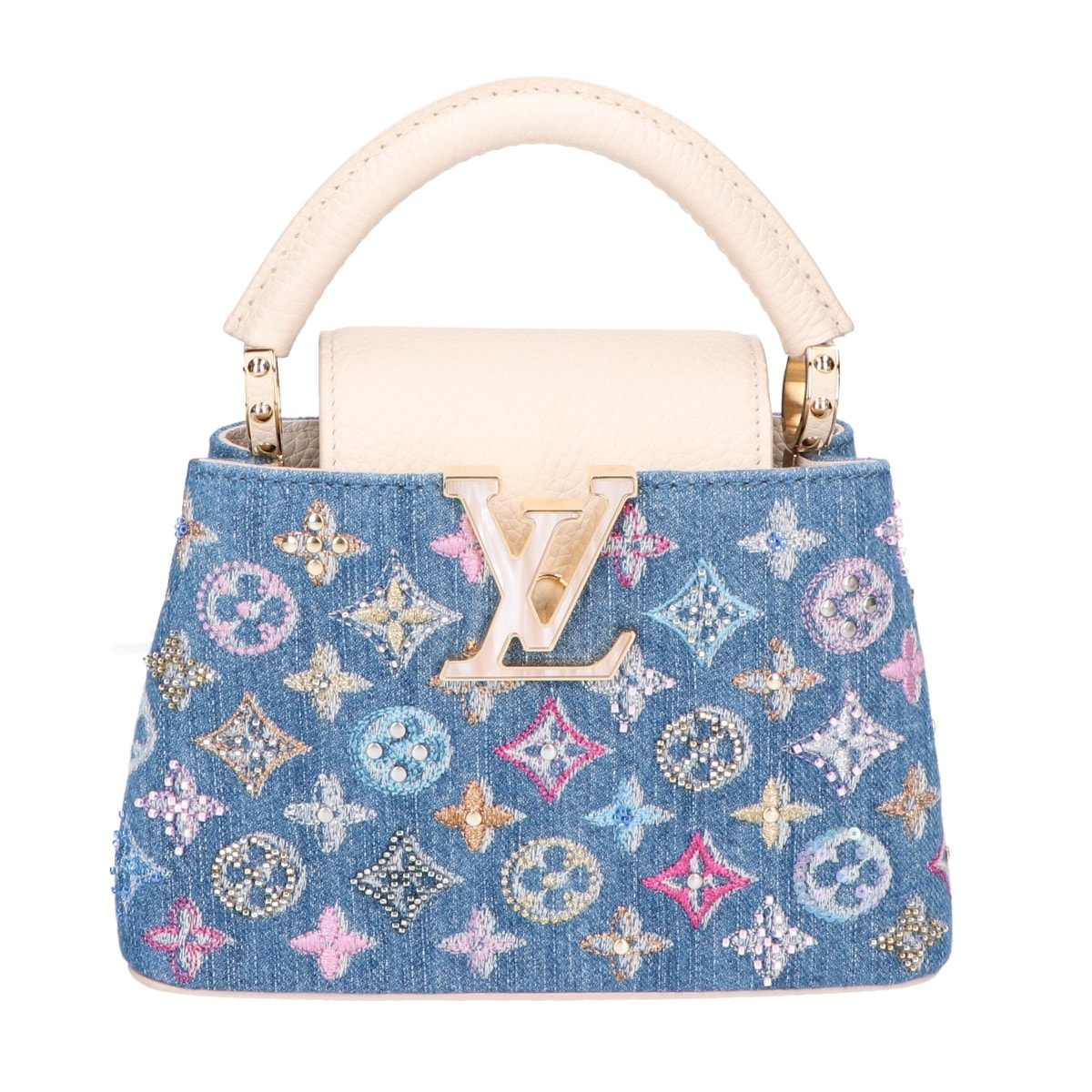 ルイヴィトン 美品 M12947 25SS モノグラムデニム ビーズ刺繍 カプシーヌMINI 2WAY チェーンショルダーバッグ