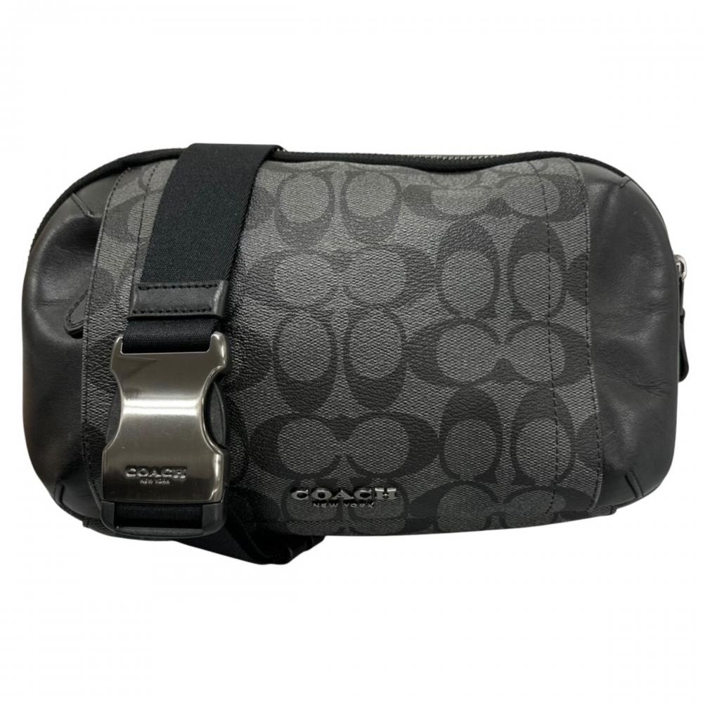 COACH コーチ ボディバッグ シグネチャー グラハム ユーティリティ ウエストポーチ 斜め掛け F38749 PVCコーティングキャンバス グレー ブラック/ゴールド金具 メンズ【中古品】
