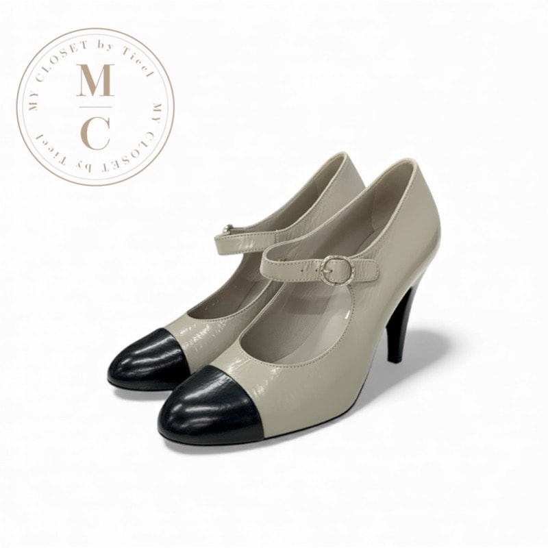 シャネル CHANEL パンプス 靴 シューズ レザー グレー ブラック ココマーク ストラップ シワ加工