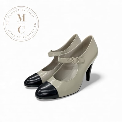 シャネル CHANEL パンプス 靴 シューズ レザー グレー ブラック ココマーク ストラップ シワ加工