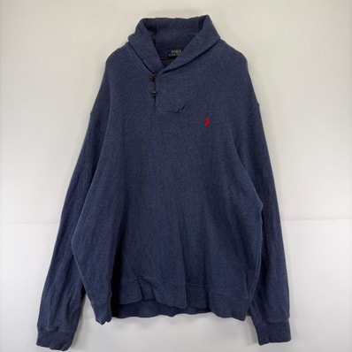 古着 ポロ・ラルフローレン POLO RALPH LAUREN ニット ショールカラー 大きいサイズ スウェット トレーナー 刺繍 2XL ネイビー系 メンズ
