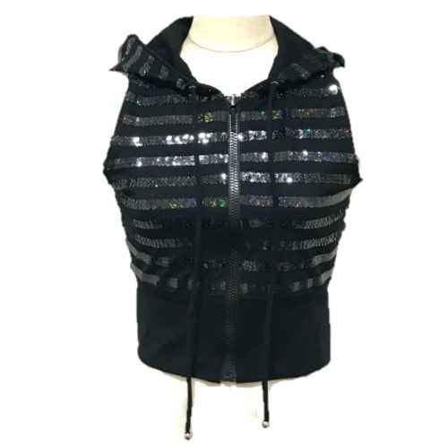 シャネル CHANEL ジップアップ 19C フード付き アパレル ベスト スパンコール ブラック 新品同様