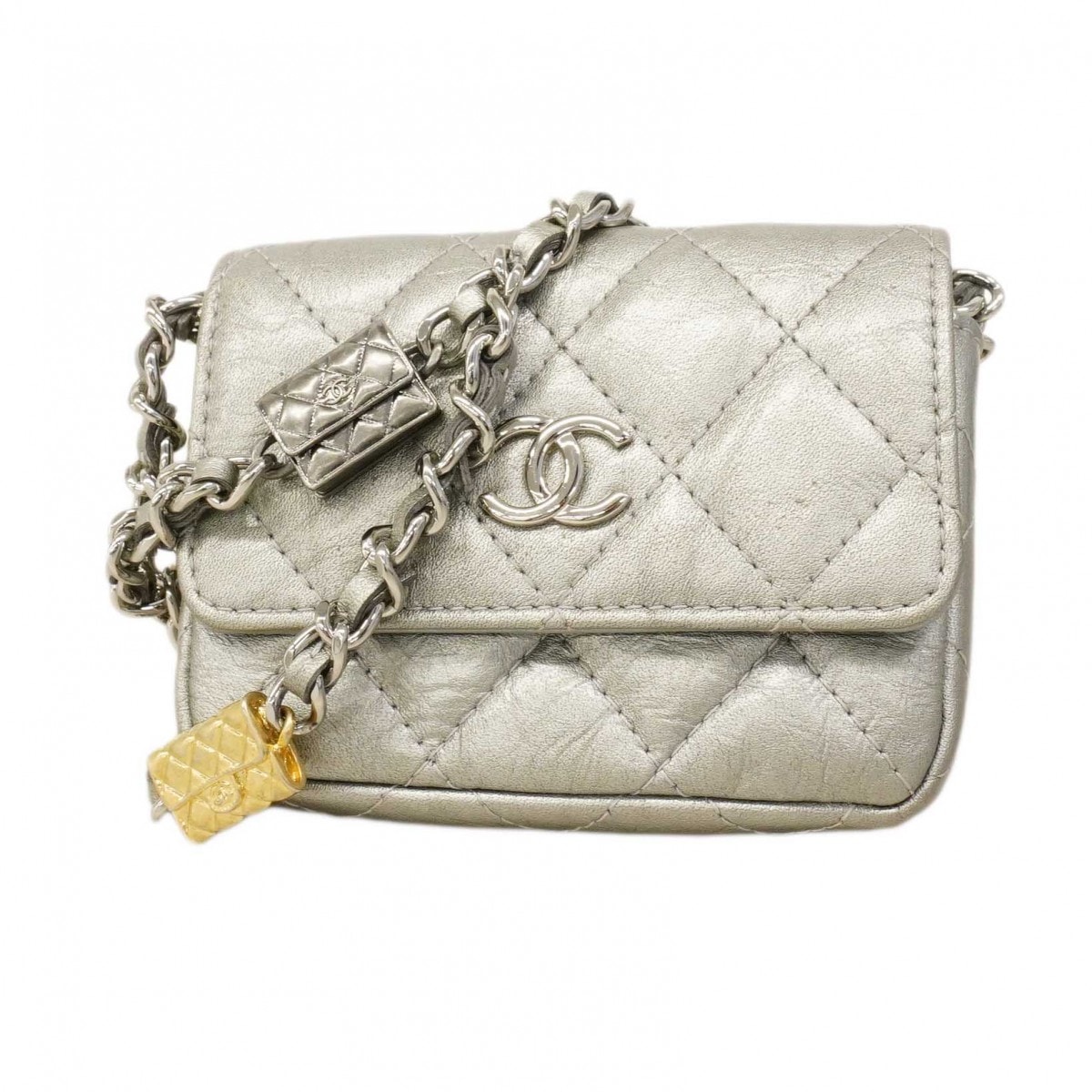 【6dc3197】シャネル ショルダーウォレット マトラッセ チェーンショルダー カーフスキン シルバー シルバー金具【中古】レディース