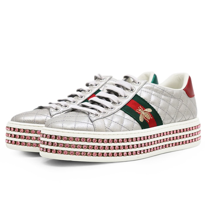 【極美品】GUCCI グッチ キルティング スニーカー サイズ 36 1/2 レディース ラインストーン シェリーライン ビー刺繍 メタリック シューズ 靴 シルバー ピンク 桃色 銀色 イタリア製