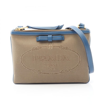 プラダ PRADA LOGO JACQUARD ロゴジャガード ショルダーバッグ バッグ キャンバス レザー レディース ベージュ系 / ブルー系 【中古】