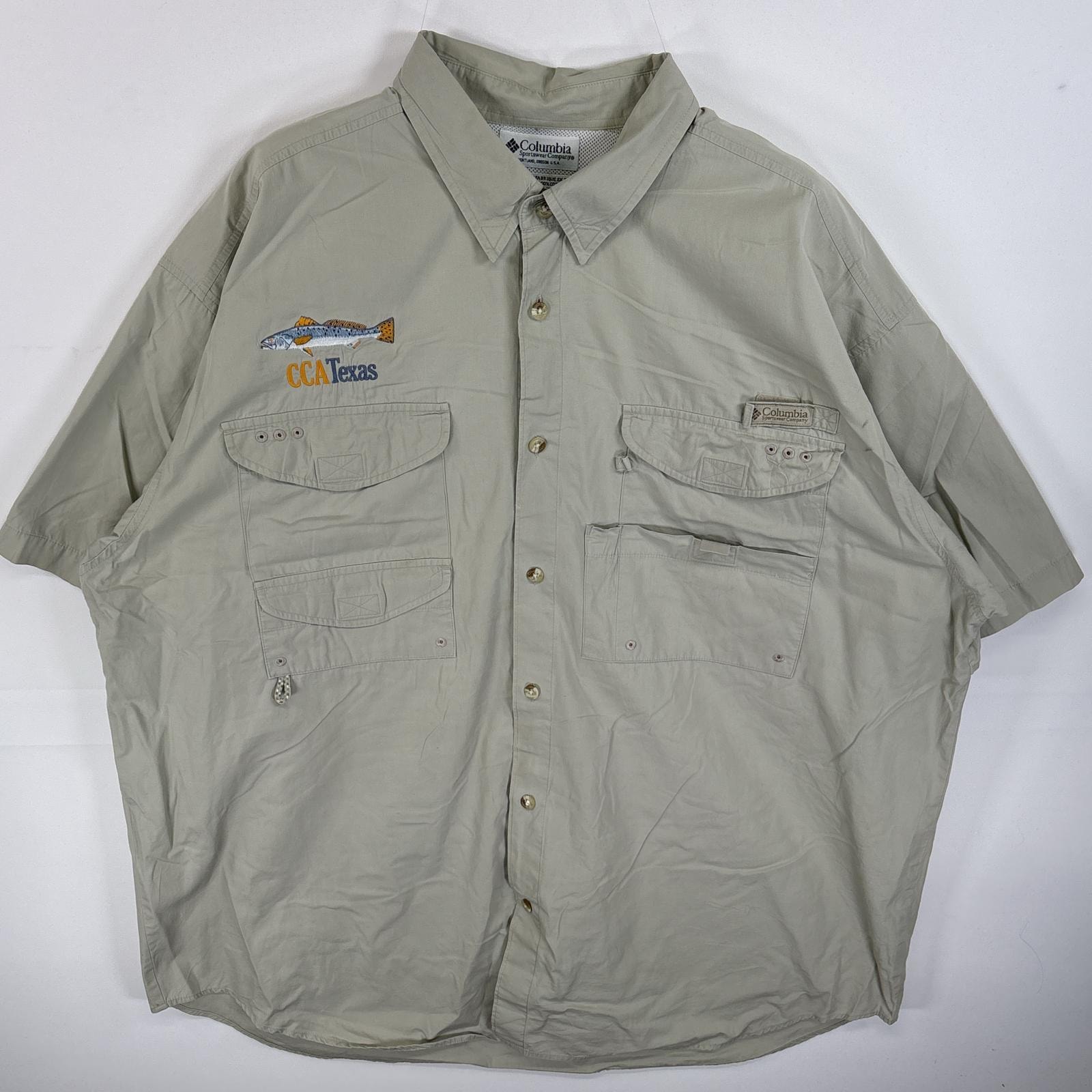 古着 コロンビア Columbia 半袖シャツ PFG フラップポケ ワンポイント ロゴ XL ベージュ 無地 メンズ