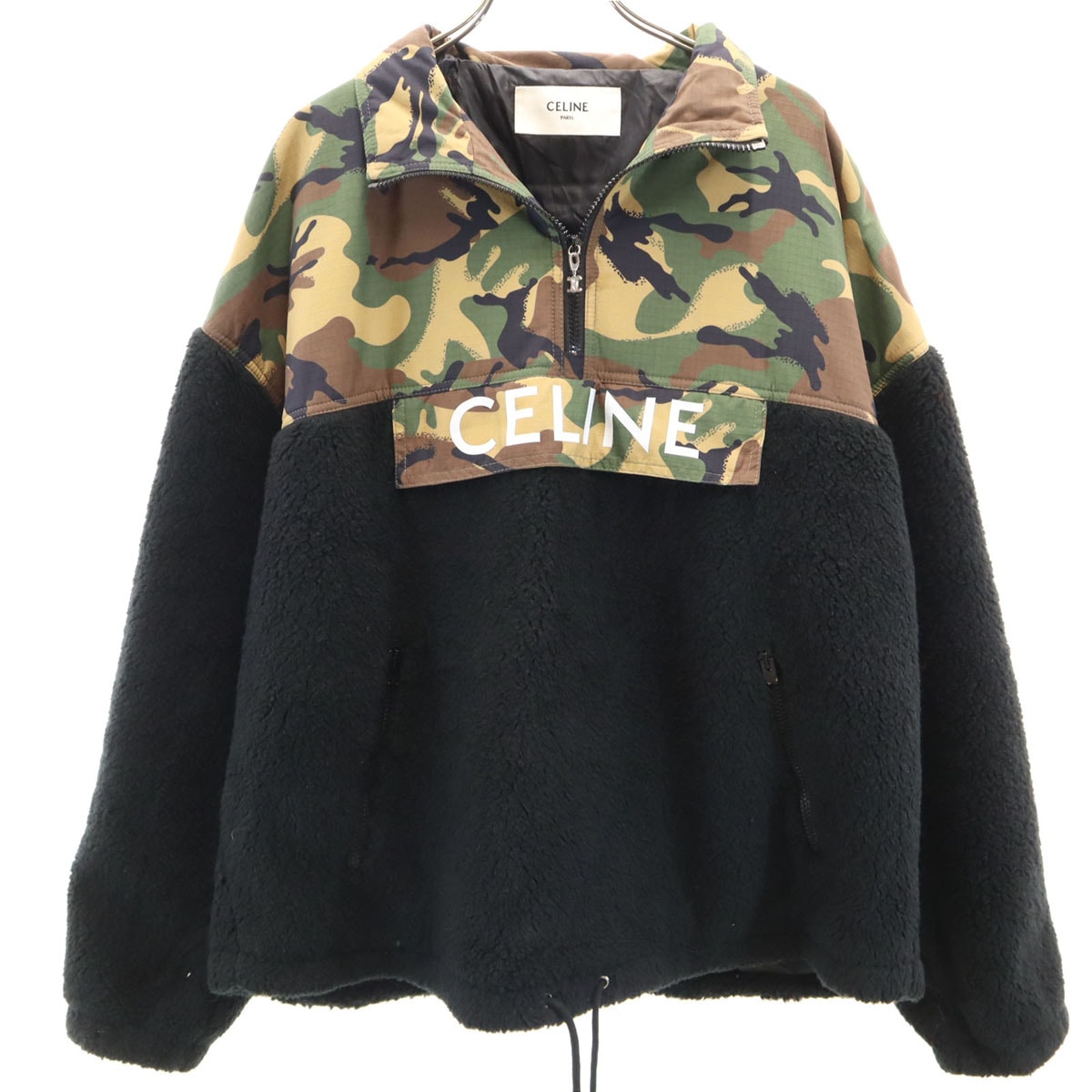 CELINE セリーヌ イタリア製 カモフラ柄切替 ハーフジップ バイマテリアル フリースジャケット 48 ブラック プルオーバー