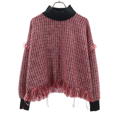ZARA WOMAN ザラウーマン 長袖 フリンジツイードハイネック ニット L レッド系 プルオーバー
