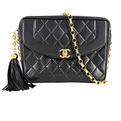 CHANEL シャネル ショルダーバッグ マトラッセ ダイアナフラップ タッセル ココマーク 肩掛け 斜め掛け ターンロック ラムスキン ブラック 黒 ゴールド金具 レディース【中古品】