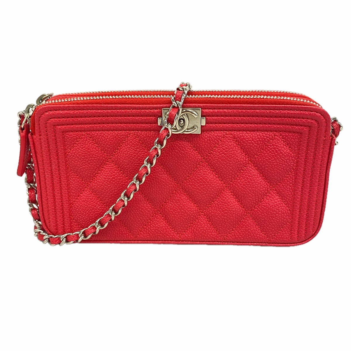 ★SALE【6hc2053-k】シャネル ショルダーバッグ ボーイシャネル チェーンショルダー マトラッセ キャビアスキン レッド シルバー金具【中古】レディース