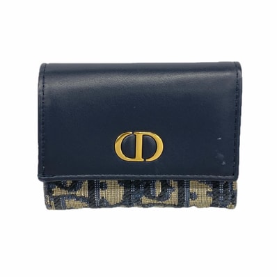 【6ie7381】クリスチャンディオール 三つ折り財布 トロッター キャンバス ネイビー ベージュ ゴールド金具【中古】レディース