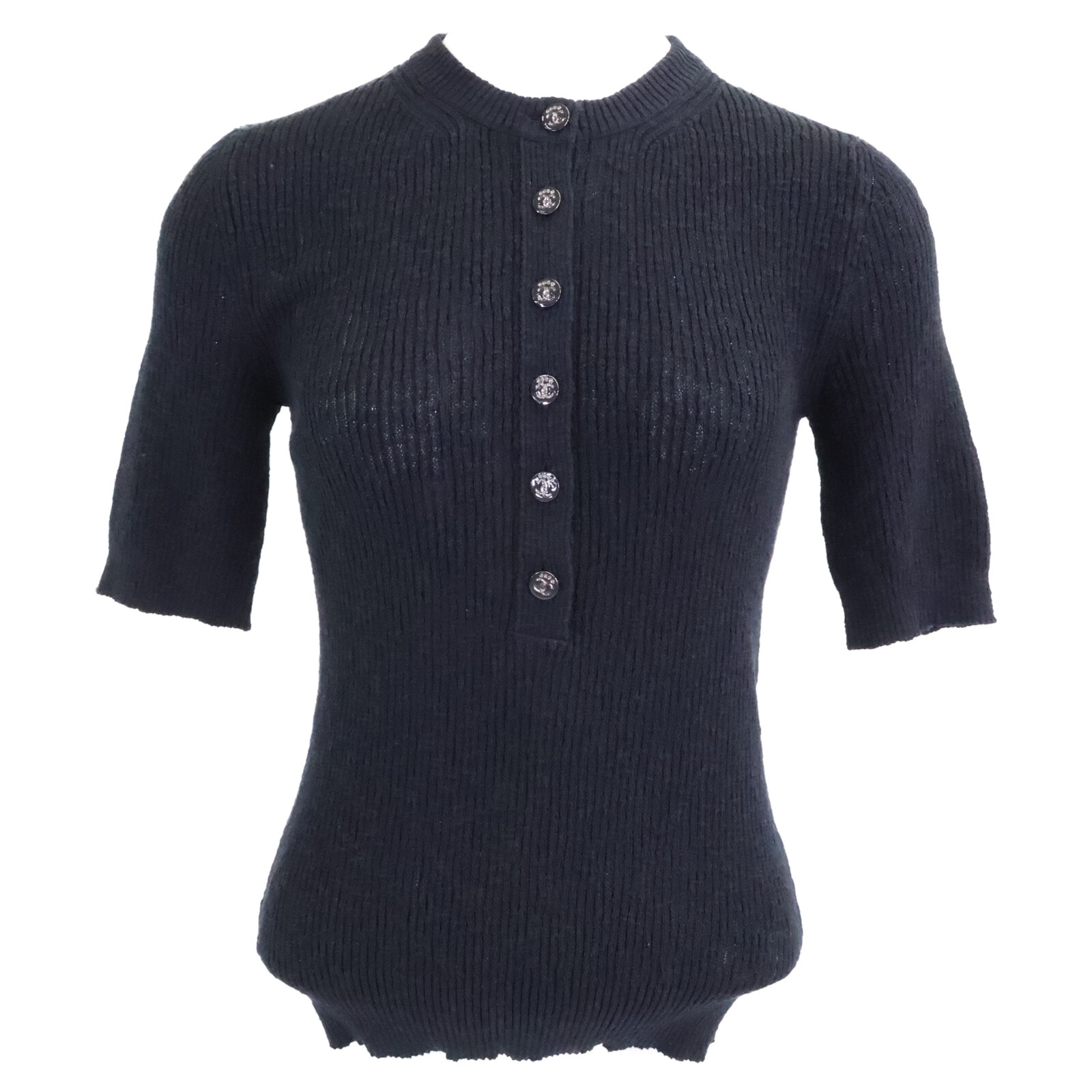 シャネル 新品同様 国内正規 25SS P78616K11464 ココビーチ ココボタン ショートスリーブコットンニット 34