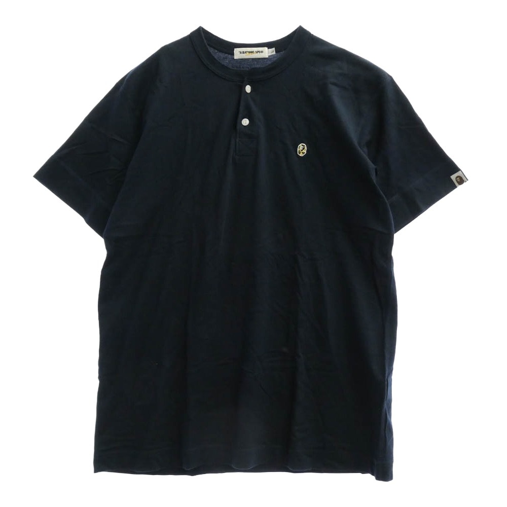 A BATHING APE アベイシングエイプ Tシャツ 猿カモフェイスパッチ ヘンリーネック 半袖 Tシャツ ネイビー系 L【中古】