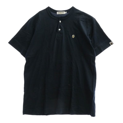 A BATHING APE アベイシングエイプ Tシャツ 猿カモフェイスパッチ ヘンリーネック 半袖 Tシャツ ネイビー系 L【中古】
