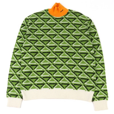極美品 プラダ ニット グリーン系 トライアングル柄 メンズ 48 UMR536