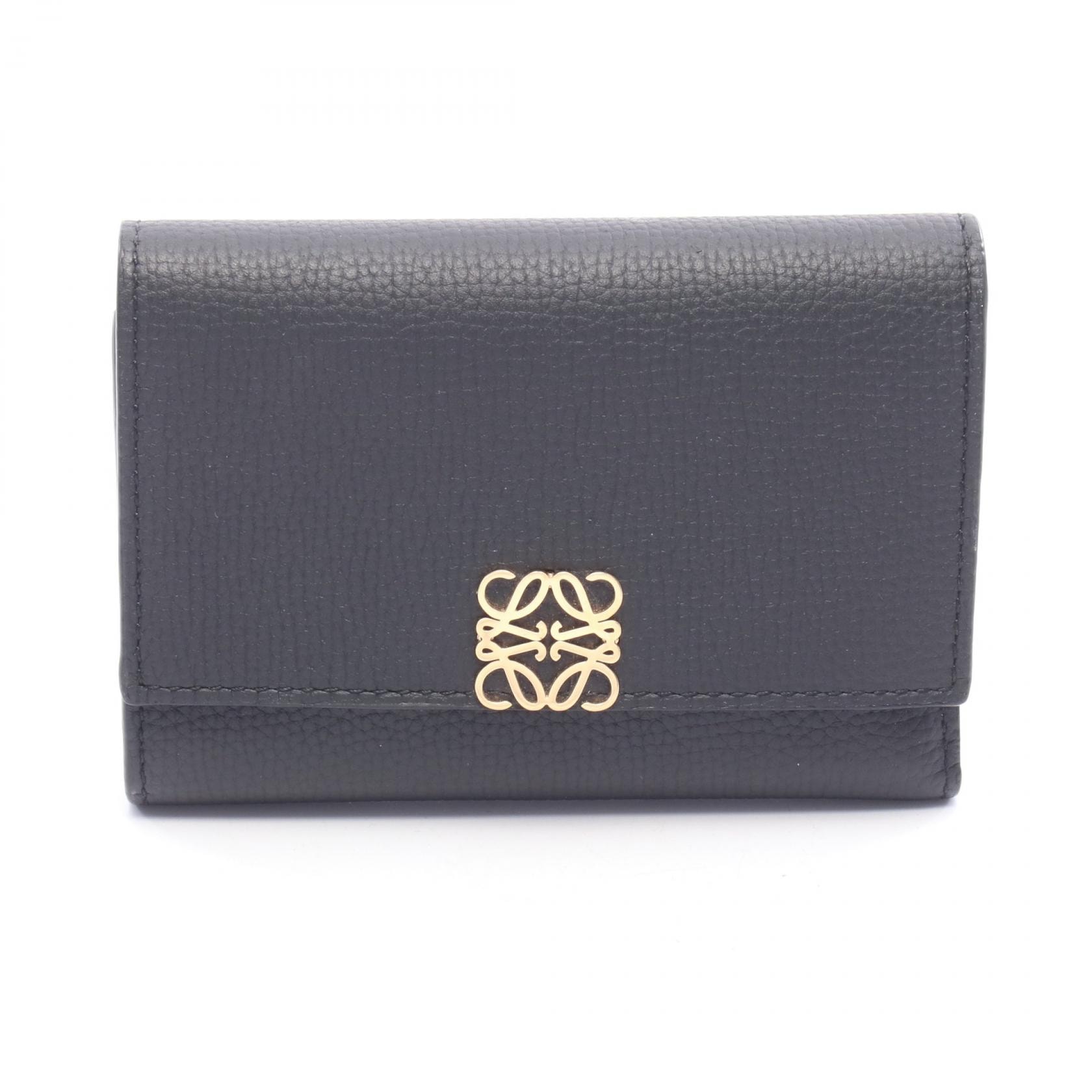 ロエベ LOEWE アナグラム 三つ折り財布 財布 レザー レディース ブラック系 【中古】