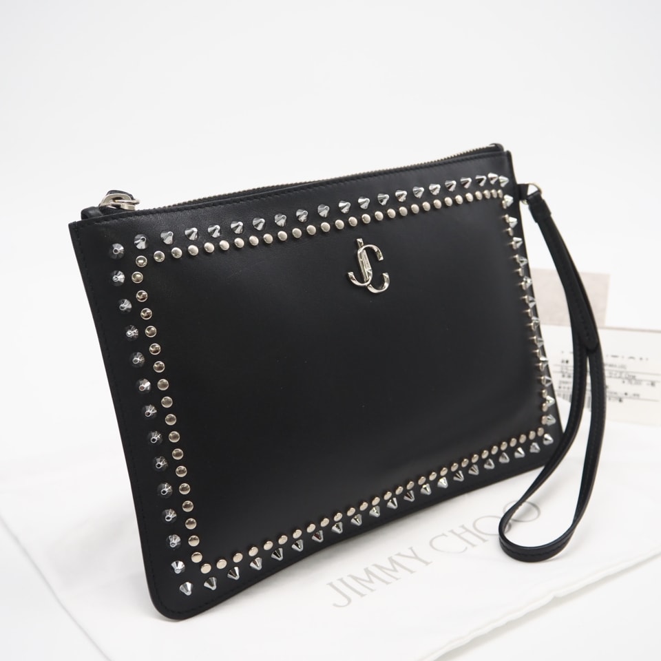 美品 JIMMY CHOO ジミーチュウ スムースカーフ Wスタッズ クラッチバッグ 193FARA.LGQ クラッチバッグ ブラック カーフレザー メンズ