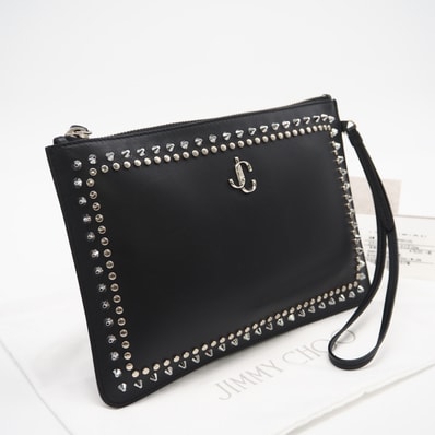 美品 JIMMY CHOO ジミーチュウ スムースカーフ Wスタッズ クラッチバッグ 193FARA.LGQ クラッチバッグ ブラック カーフレザー メンズ