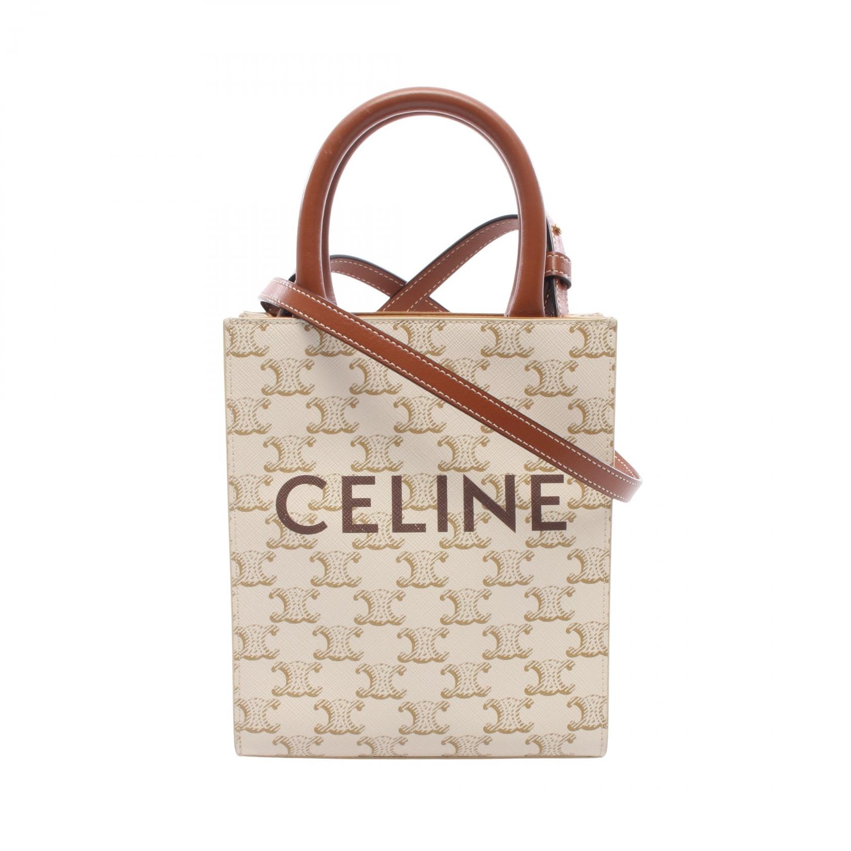 セリーヌ CELINE ミニ バーティカル カバ トリオンフ 2WAY ハンドバッグ バッグ PVCコーティングキャンバス レザー レディース アイボリー系 / ブラウン系 194372 【中古】