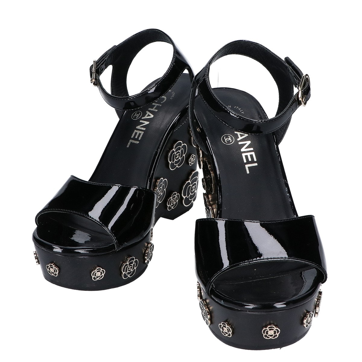 シャネル G31755 パテントレザー カメリアデザイン ウェッジソール サンダル 35 1/2