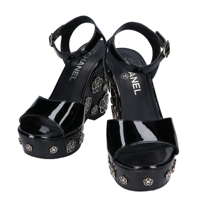 シャネル G31755 パテントレザー カメリアデザイン ウェッジソール サンダル 35 1/2